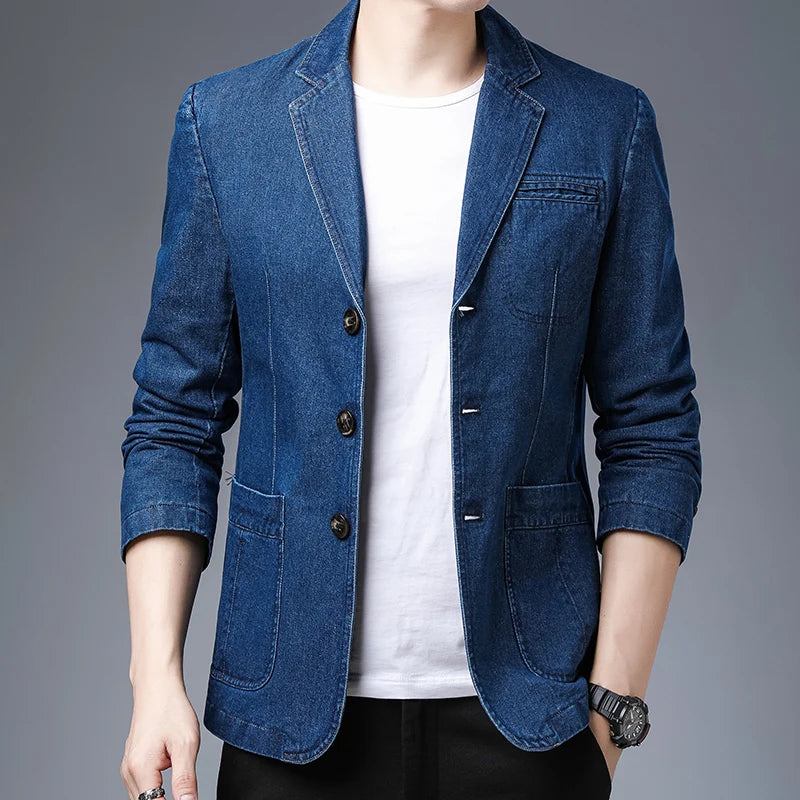 Herren-freizeit-slim-version Des Trendigen Bequemen Blazers Aus Einfarbigem Denim Im Britischen Stil - schwarz