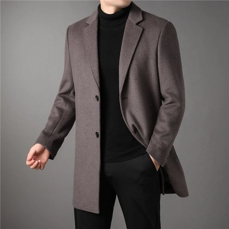 Herren Wollmischungen Jacken Männer Slim Fit Geradlinig Anti-falten Business Casual Einreihiger Mantel - Schwarz