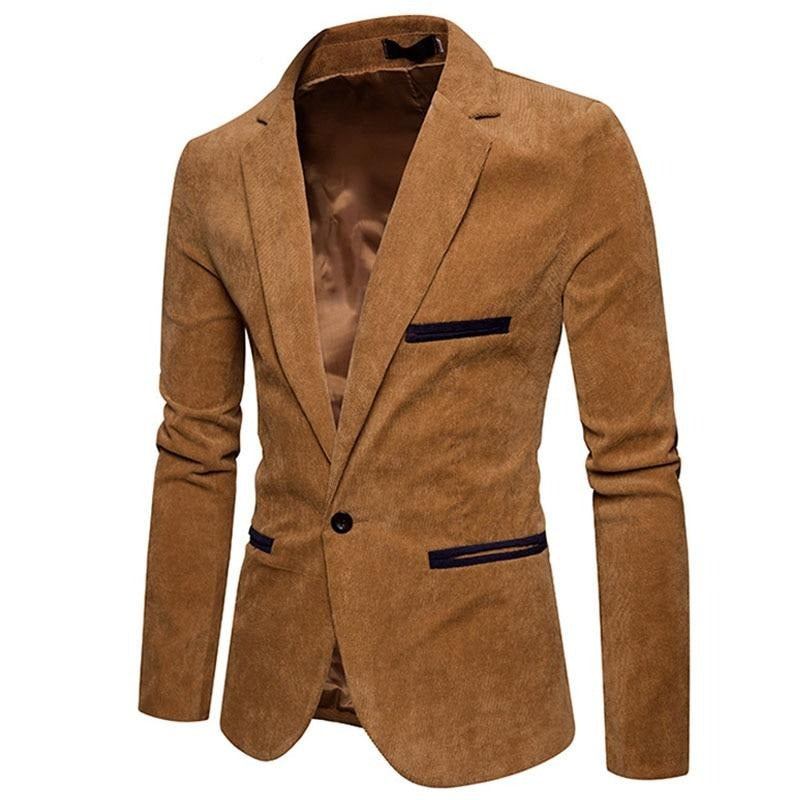 Neu Casual Herren Blazer Cord Patchwork Business Einknopf Slim Fit Anzugjacke - Khaki