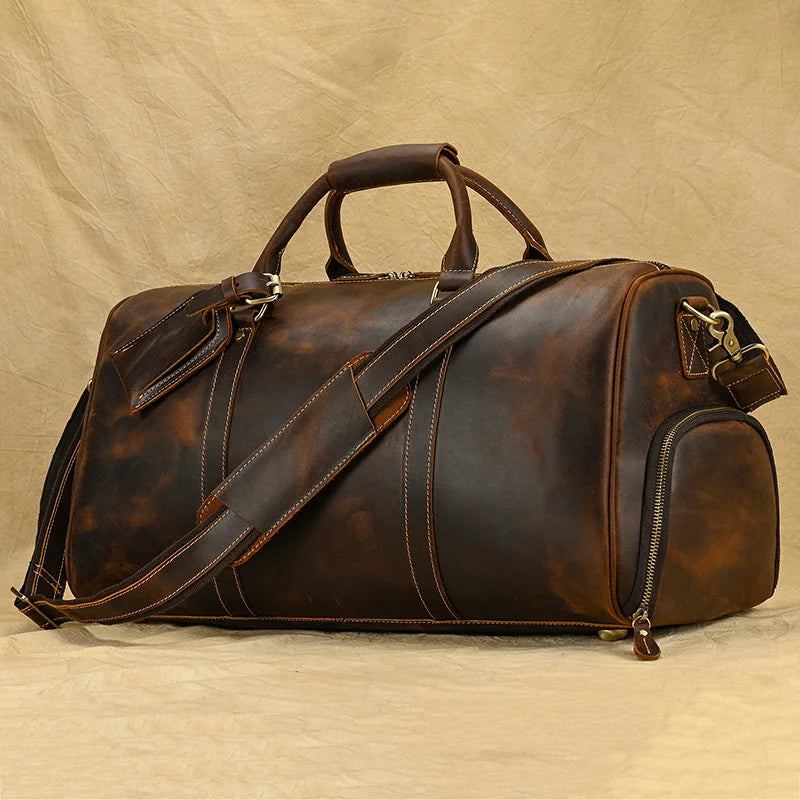 Vintage-handgepäcktasche Für Männer Reisetasche Mit Schuhfach Echtes Leder Große Kapazität Schultertasche - Braun