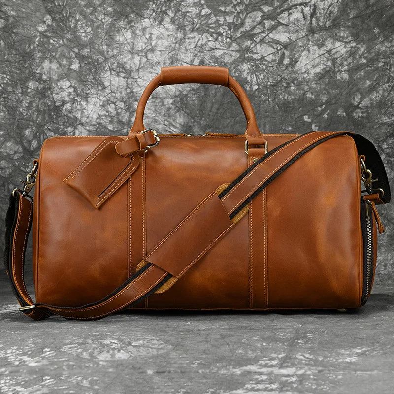 Vintage-handgepäcktasche Für Männer Reisetasche Mit Schuhfach Echtes Leder Große Kapazität Schultertasche - Braun