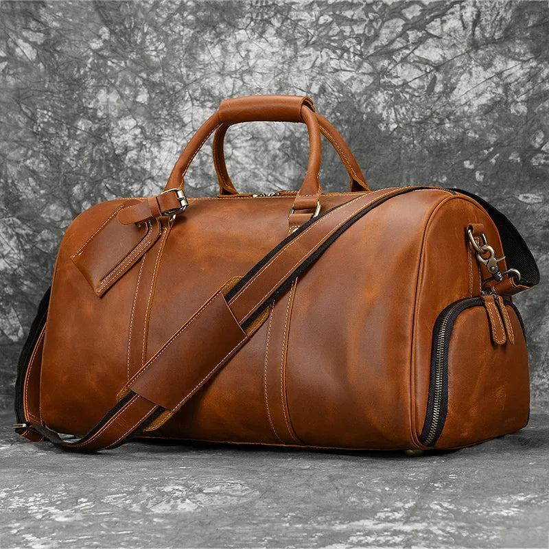 Vintage-handgepäcktasche Für Männer Reisetasche Mit Schuhfach Echtes Leder Große Kapazität Schultertasche - Braun