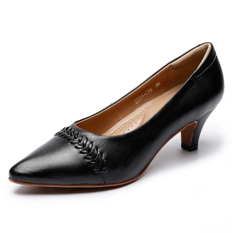 Damen Kitten Heel Spitze Zehenpartie Kleid Pumps Handgefertigt Echtes Leder Büro High Heels Damenschuhe - Schwarz