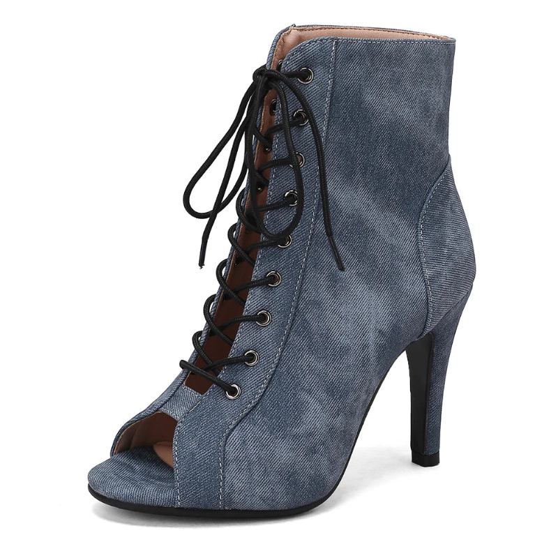 Damen-partystiefel Aus Denim Stoff Schuhe Mit Hohen Absätzen Damenschuhe Mit - Schwarz