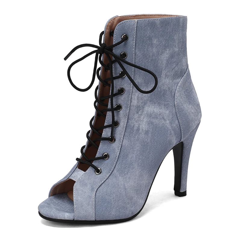 Damen-partystiefel Aus Denim Stoff Schuhe Mit Hohen Absätzen Damenschuhe Mit - Schwarz