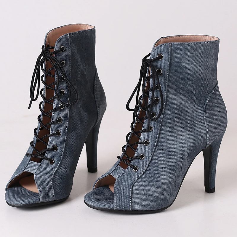 Damen-partystiefel Aus Denim Stoff Schuhe Mit Hohen Absätzen Damenschuhe Mit - Schwarz