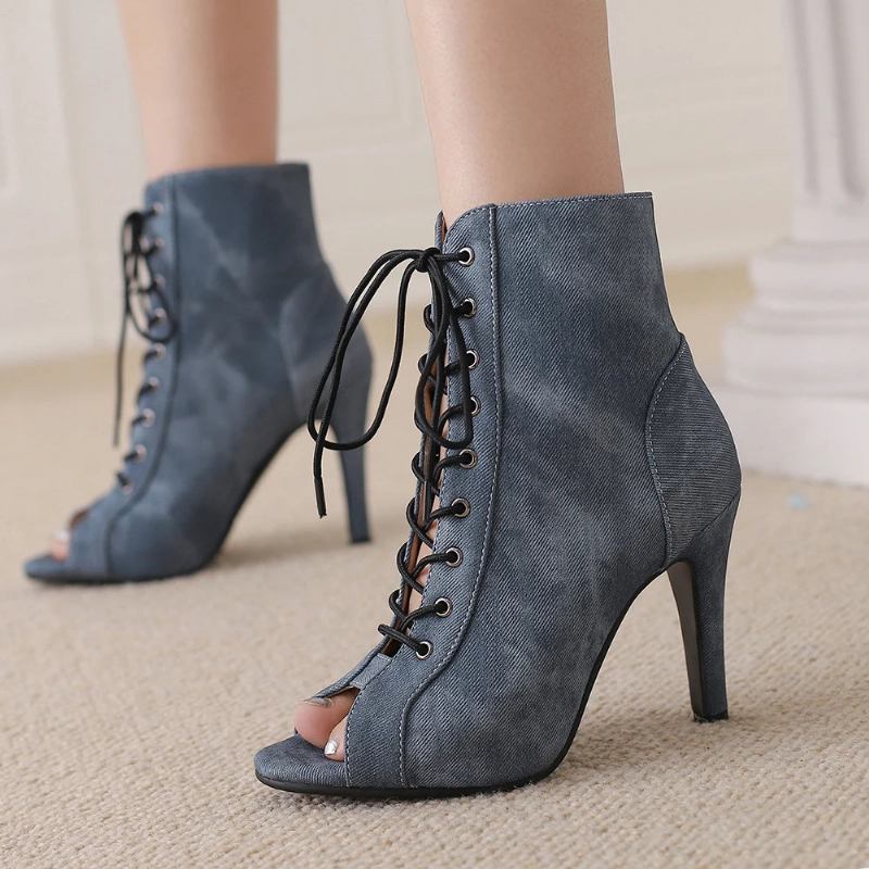 Damen-partystiefel Aus Denim Stoff Schuhe Mit Hohen Absätzen Damenschuhe Mit - Schwarz