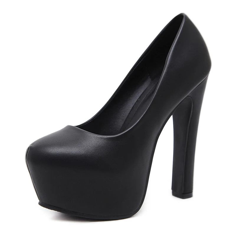 Damen-plateau-high-heels Slip-on-stilettos Absatz Aus Leder Runde Spitze Schwarz-weiß Klassische Party-schuhe - schwarz