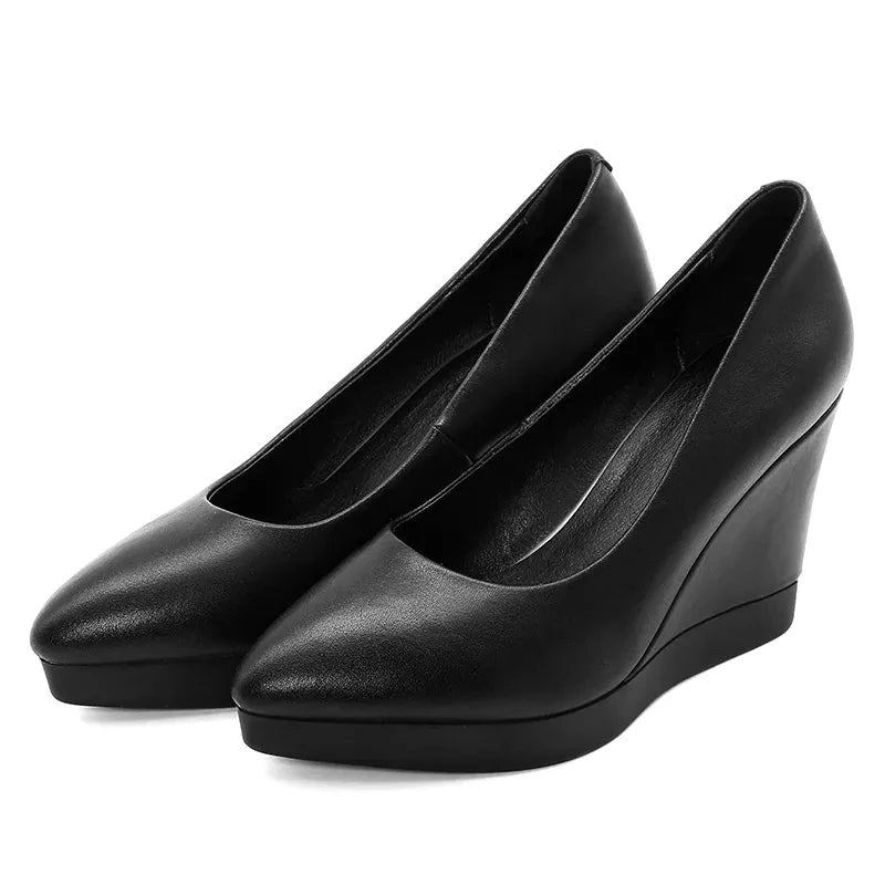 Damenschuhe Mit Keilabsatz Echtes Leder Damen-pumps Frühling Sommer Büroschuhe Damen - Schwarz