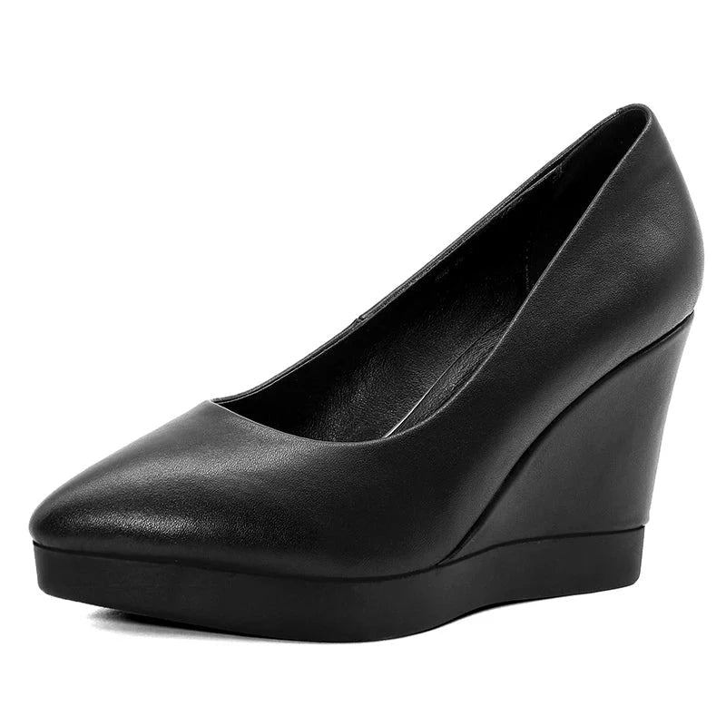 Damenschuhe Mit Keilabsatz Echtes Leder Damen-pumps Frühling Sommer Büroschuhe Damen - Schwarz