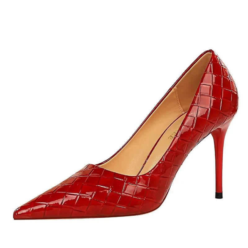 Frühlingsschuhe Für Damen High Heels Lackleder Hochzeitsschuhe Spitze Zehenpartie Party-pumps - Rot