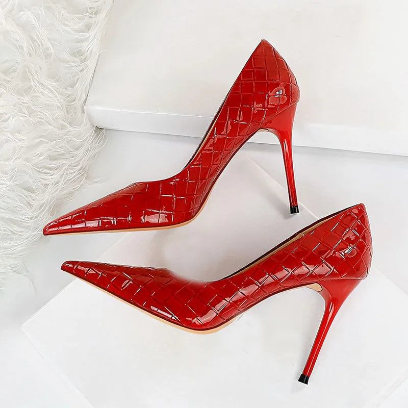 Frühlingsschuhe Für Damen High Heels Lackleder Hochzeitsschuhe Spitze Zehenpartie Party-pumps - Rot