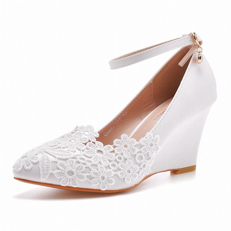 Hochzeitsschuhe Für Damen Braut Brautjungfernkleid 8 cm Keilabsatz Hohe Absätze Weiße Spitze Blumen Pumps Für - weiß