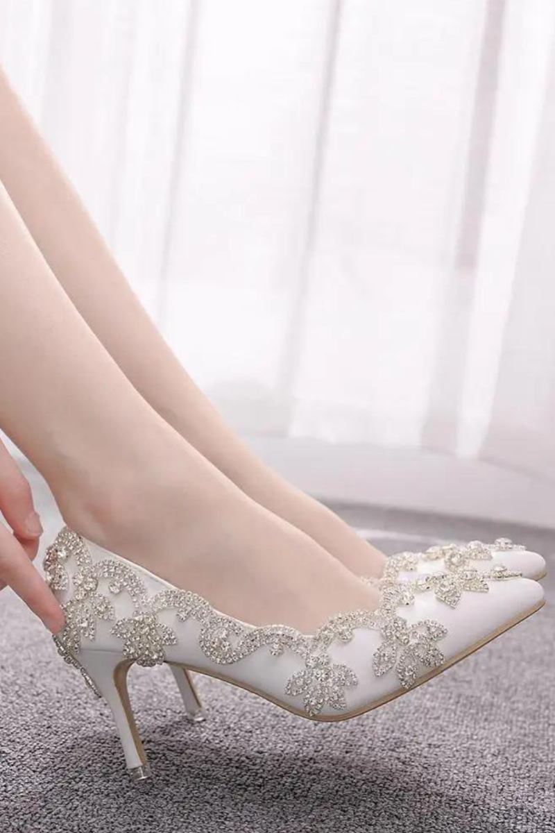 Hochzeitsschuhe Für Damen Dünne 7 cm Weiße Diamanten Glitzernde Abendkleider Brautpumps