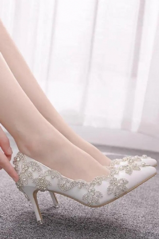 Hochzeitsschuhe Für Damen Dünne 7 cm Weiße Diamanten Glitzernde Abendkleider Brautpumps