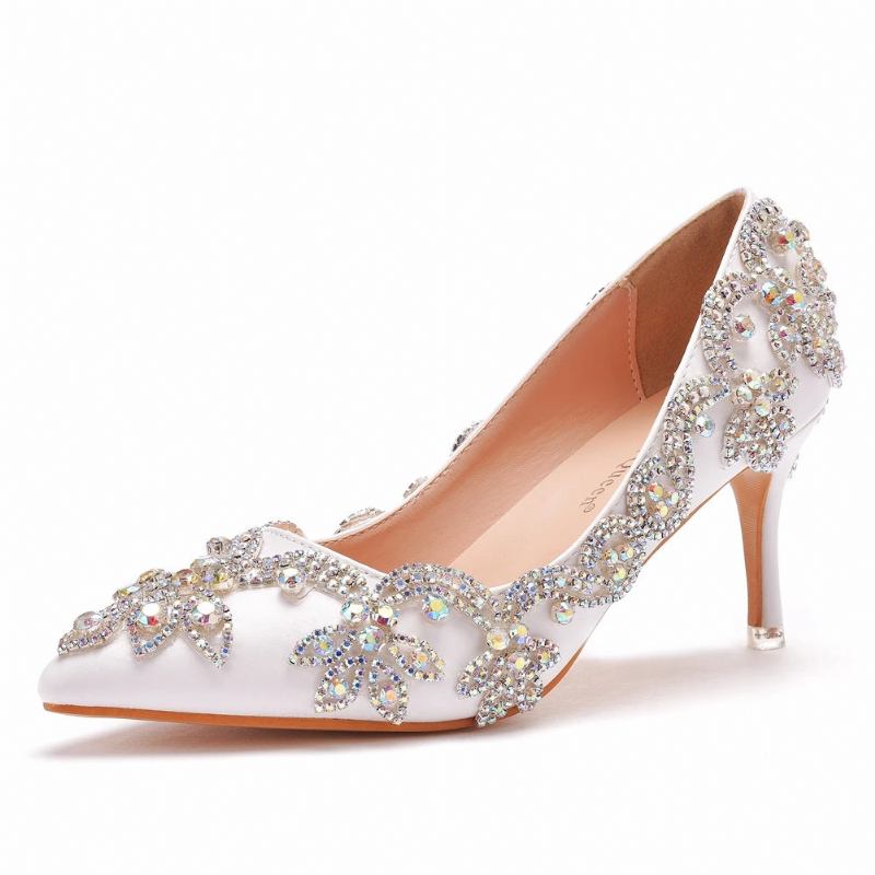 Hochzeitsschuhe Für Damen Dünne 7 cm Weiße Diamanten Glitzernde Abendkleider Brautpumps - Weiß