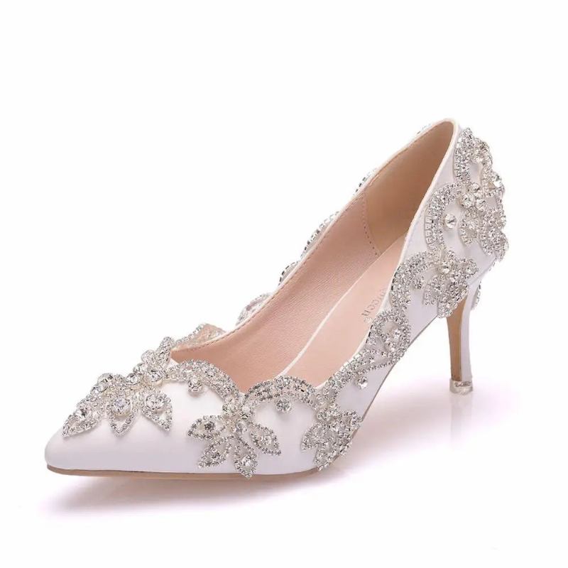 Hochzeitsschuhe Für Damen Dünne 7 cm Weiße Diamanten Glitzernde Abendkleider Brautpumps - Weiß