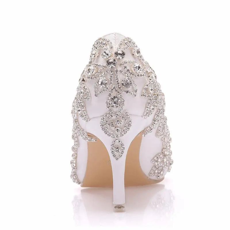 Hochzeitsschuhe Für Damen Dünne 7 cm Weiße Diamanten Glitzernde Abendkleider Brautpumps - Weiß