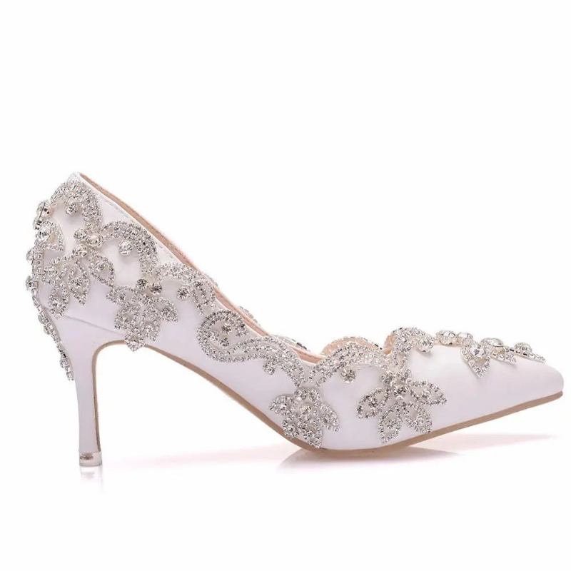 Hochzeitsschuhe Für Damen Dünne 7 cm Weiße Diamanten Glitzernde Abendkleider Brautpumps - Weiß