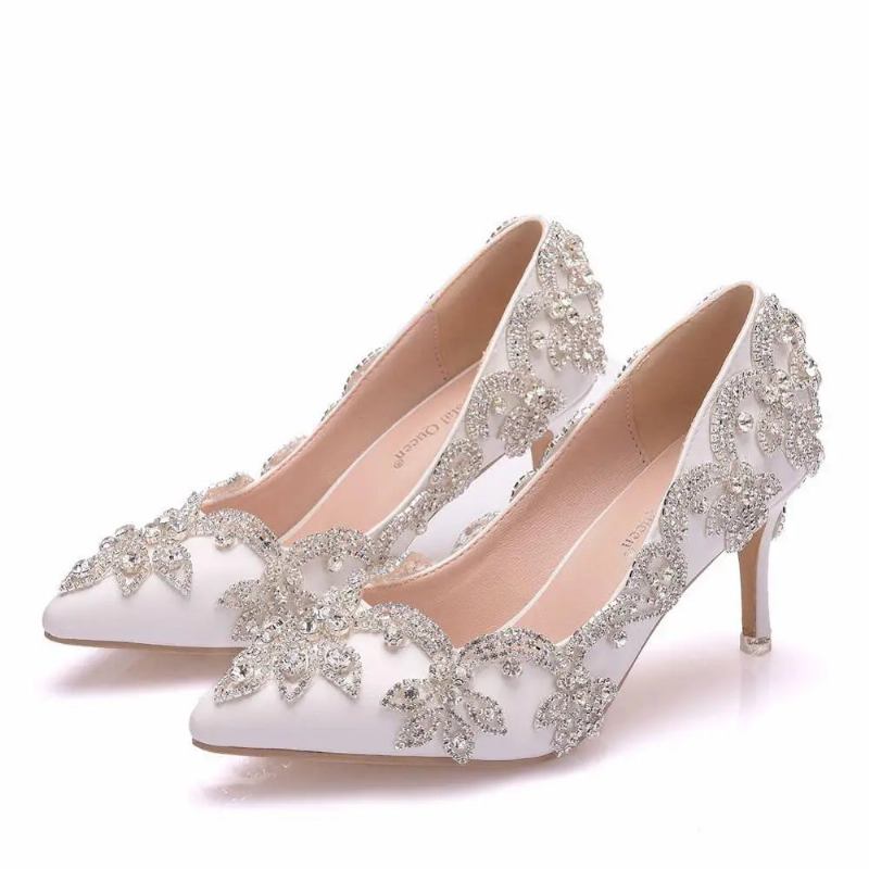 Hochzeitsschuhe Für Damen Dünne 7 cm Weiße Diamanten Glitzernde Abendkleider Brautpumps - Weiß