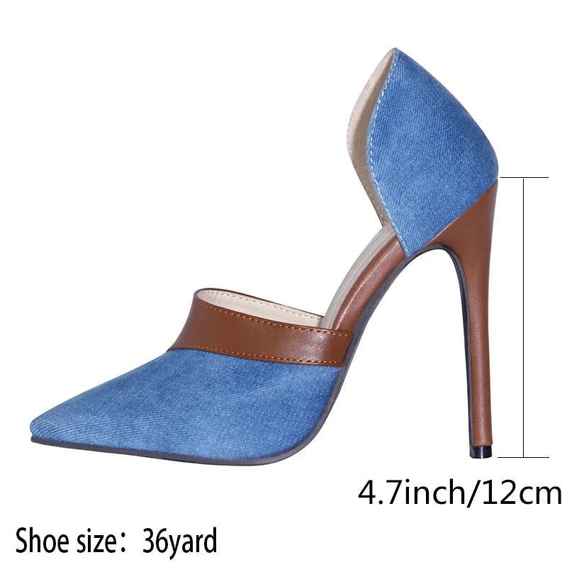 Jeansschuhe Damen-pumps Sommer Frühling Damen-high Heels Spitze Zehenpartie Slipper Damenschuhe - Blau