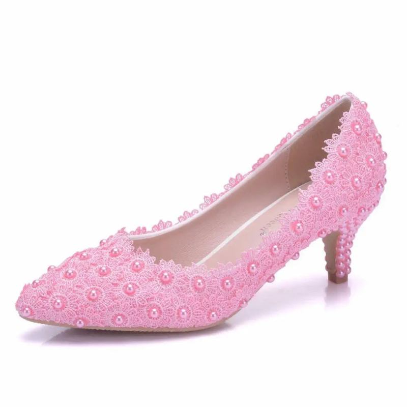 Kitten Heel Mädchen Kleid Spitze Blumen Party Abschlussball Hochzeit Brautschuhe Pumps Für Brautjungfern - Rosa