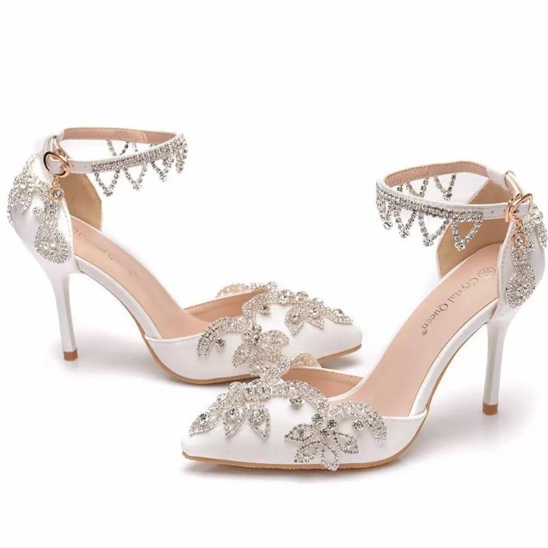 Pumps Damen Dünne High Heels Spitze Zehenpartie Knöchelriemen Sandalen Hochzeitsschuhe Party - Weiß