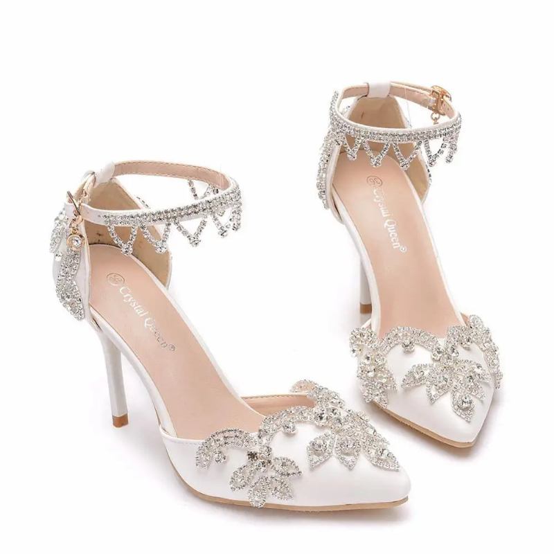 Pumps Damen Dünne High Heels Spitze Zehenpartie Knöchelriemen Sandalen Hochzeitsschuhe Party - Weiß