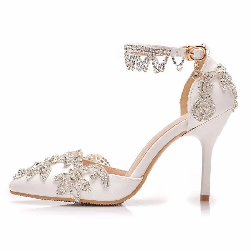 Pumps Damen Dünne High Heels Spitze Zehenpartie Knöchelriemen Sandalen Hochzeitsschuhe Party - Weiß