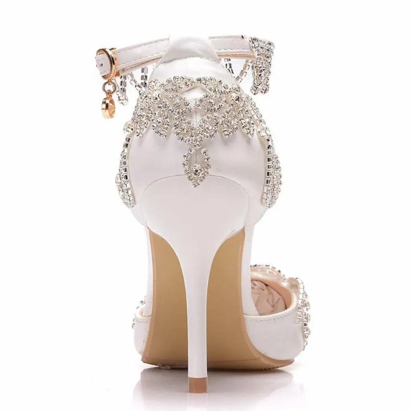 Pumps Damen Dünne High Heels Spitze Zehenpartie Knöchelriemen Sandalen Hochzeitsschuhe Party - Weiß