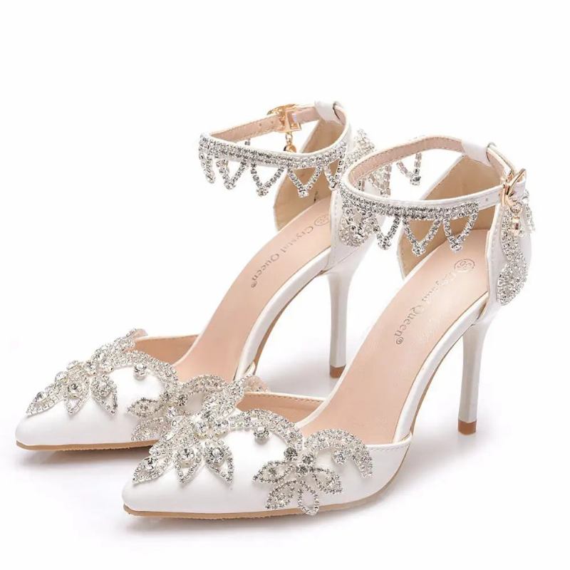 Pumps Damen Dünne High Heels Spitze Zehenpartie Knöchelriemen Sandalen Hochzeitsschuhe Party - Weiß