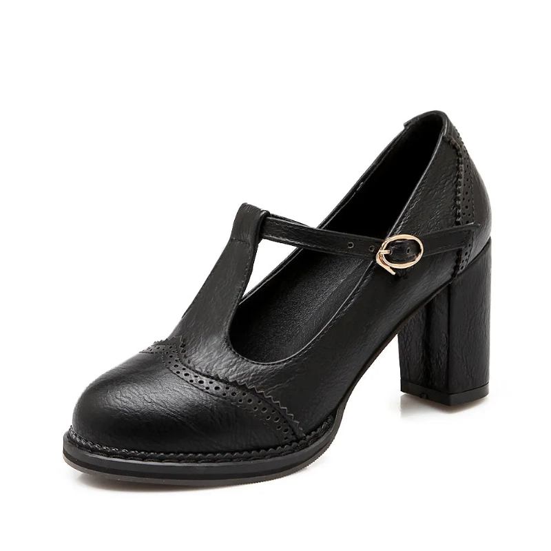 Pumps Für Damen Schnalle Dicke Absätze Mit T-riemen High Heels Plateau Für - schwarz