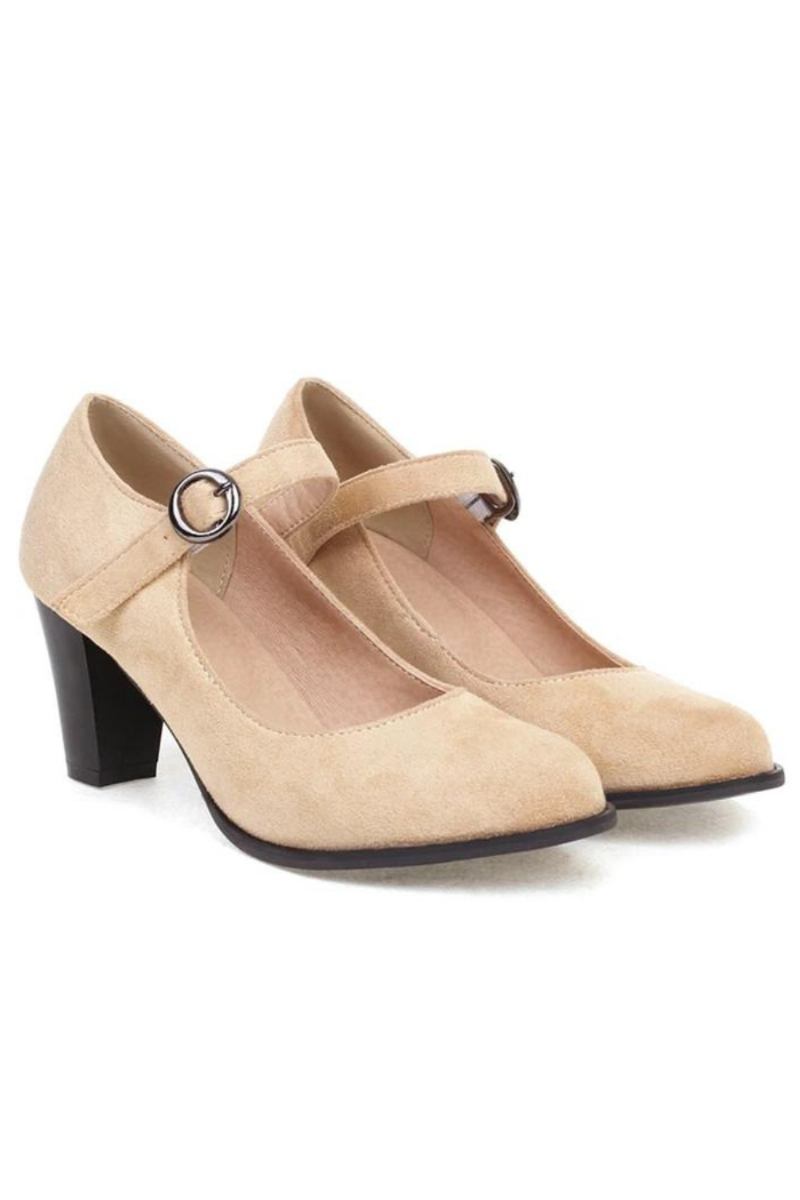 Pumps Mit Runder Spitze Und Blockabsatz Flock Schnallenriemen Elegant Einfarbig