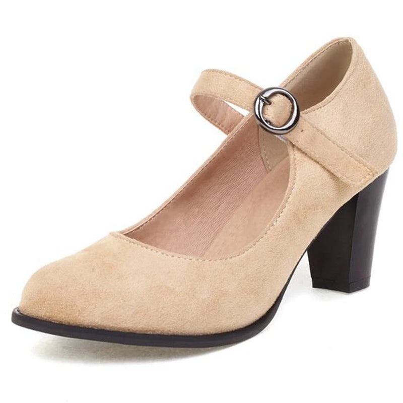 Pumps Mit Runder Spitze Und Blockabsatz Flock Schnallenriemen Elegant Einfarbig - Beige