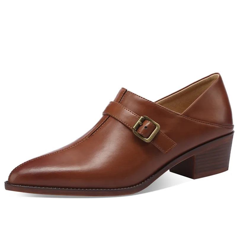 Schnallenschuhe Aus Echtem Leder Einzelschuhe Für Damen Retro Spitze Zehenpartie Abendschuhe Dicke Pumps Mit Mittlerem Absatz - Braun