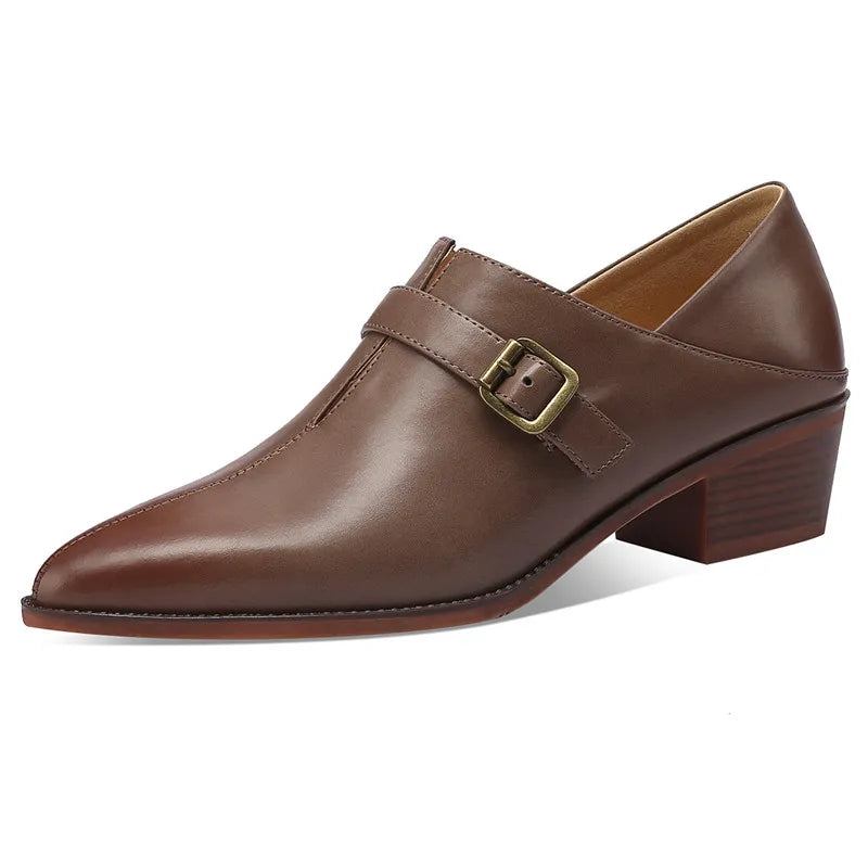 Schnallenschuhe Aus Echtem Leder Einzelschuhe Für Damen Retro Spitze Zehenpartie Abendschuhe Dicke Pumps Mit Mittlerem Absatz - Braun