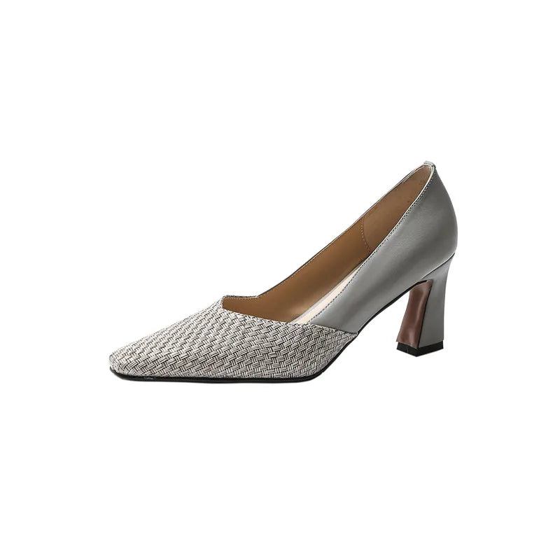 Sommer-pumps Aus Echtem Leder Party-hochzeitsschuhe Dicke Absätze Quadratische Zehenpartie Damen-high-heels - Grau