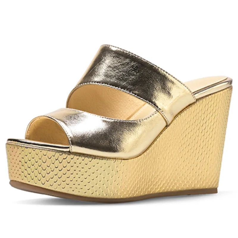 Sommer-slipper Aus Echtem Leder Keilabsatz High Heels Pantoletten Im Streetstyle Lässige Damen-plateauschuhe - Gold