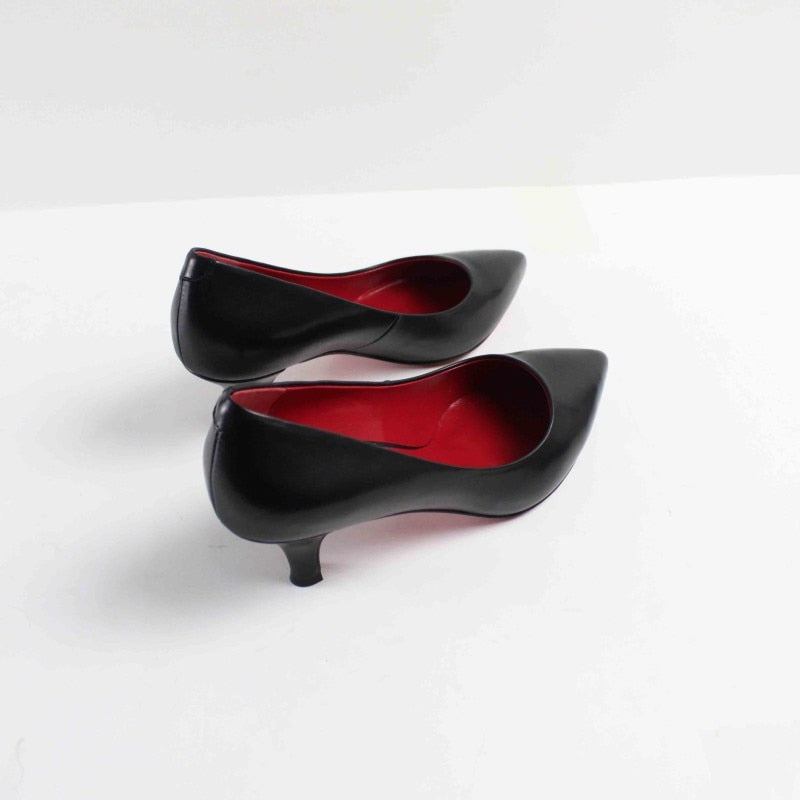 Sommerpumps Für Damen Schwarzer High Heel Businessschuhe Echtes Leder Spitze Zehenpartie Handgefertigt - Schwarz 5 CM