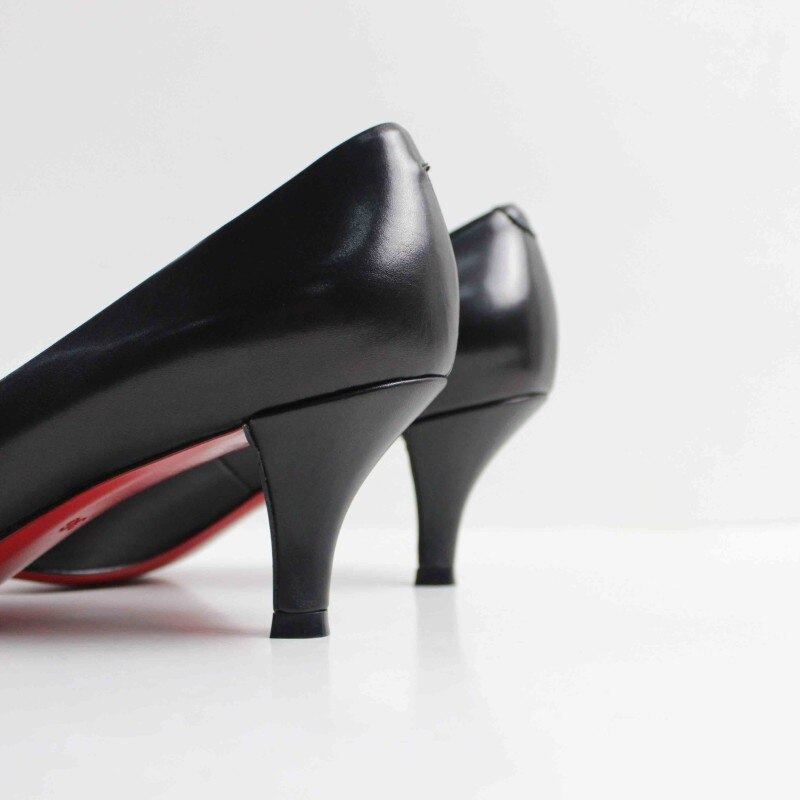 Sommerpumps Für Damen Schwarzer High Heel Businessschuhe Echtes Leder Spitze Zehenpartie Handgefertigt - Schwarz 5 CM