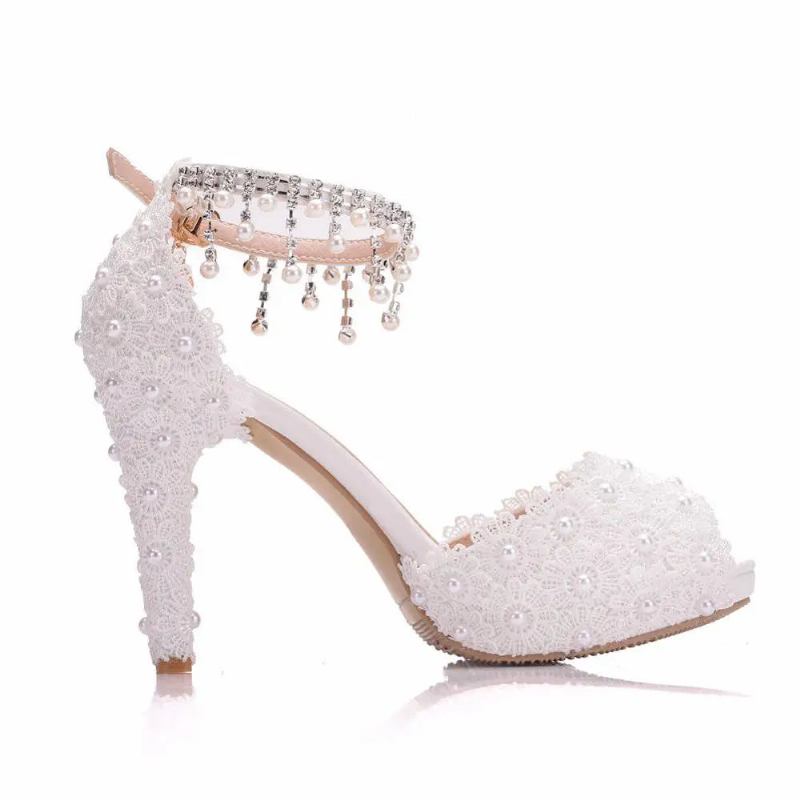 Spitzen-plateausandalen Mit Hohen Absätzen Wasserdicht Weiße Hochzeitsschuhe Spitze Peeptoe - Weiß