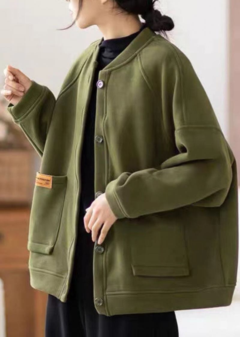 Armygrüner Patchwork-fleecemantel Mit Rundhalsausschnitt Und Taschen Für Damen Für Den Winter - Armee Grün