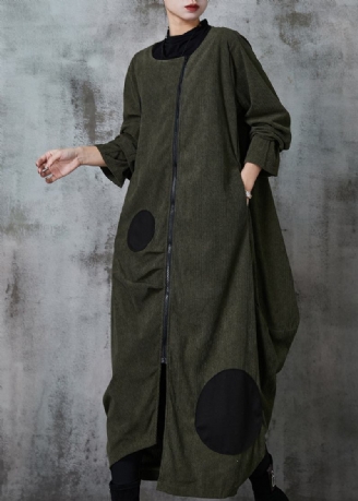 Asymmetrischer Baumwoll-trenchcoat Mit Schwärzlich-grünen Punkten Frühling