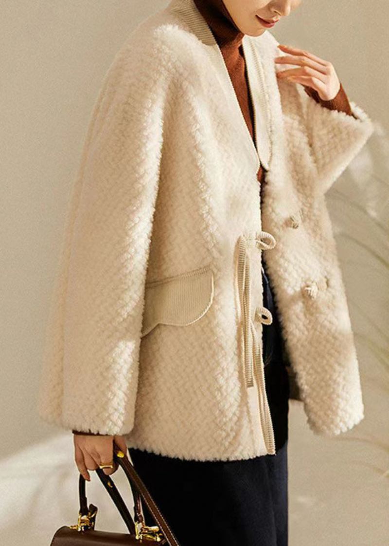 Beige Patchwork-wolljacken Mit Quasten Und Chinesischen Knöpfen Für Damen Winter