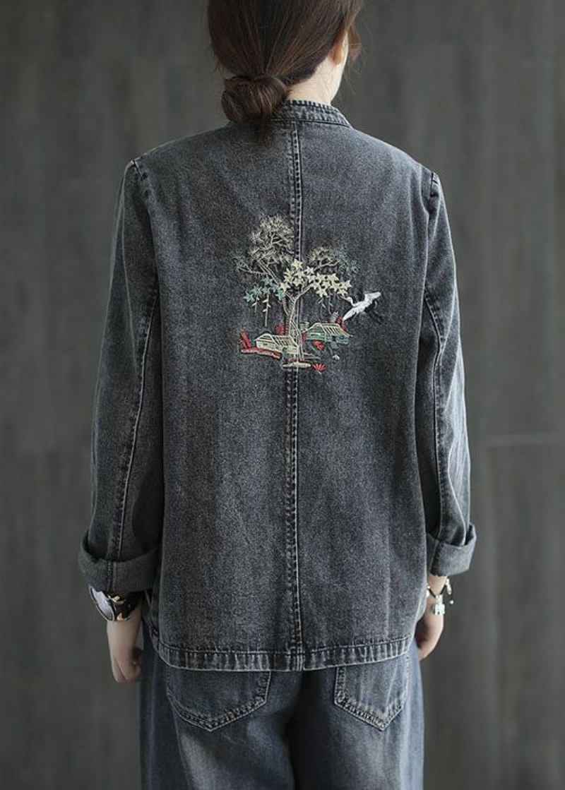 Bio-patchwork-jeansmantel Mit Chinesischem Knopf Frühling - Damen-Wintermäntel