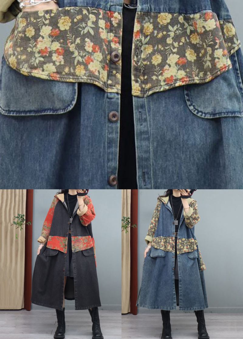 Blau Bedruckter Patchwork-jeansmantel Mit Knöpfen Und Asymmetrischen Langen Ärmeln - Damen-Wintermäntel