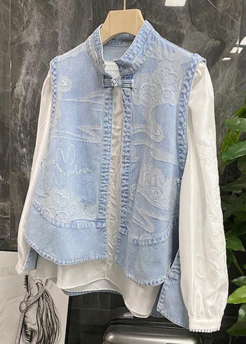 Blaue Chinesische Jeansweste Mit Stehkragen Und Patchwork-print Niedriges Und Hohes Design Sommer - Damen-Wintermäntel