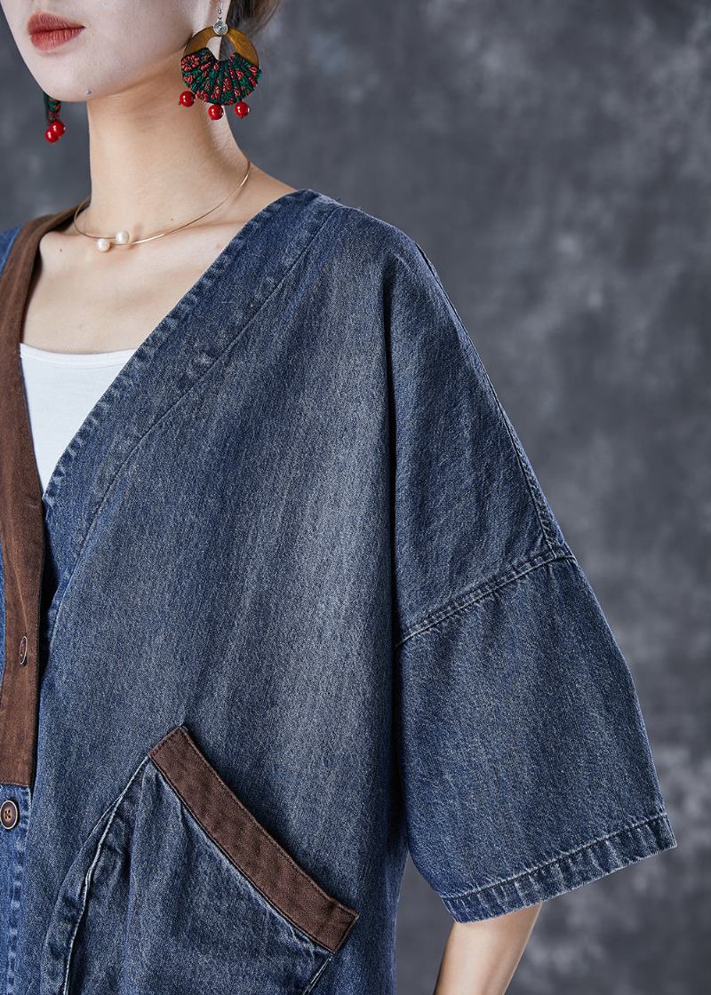 Blaue Denim-mäntel Mit V-ausschnitt Und Patchwork-taschen Für Damen Im Sommer - Damen-Wintermäntel