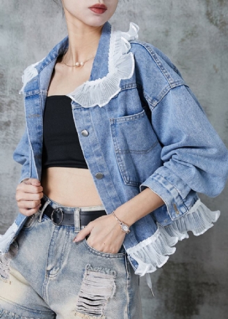 Blaue Patchwork-jeansjacke Mit Rüschen Für Damen Frühling