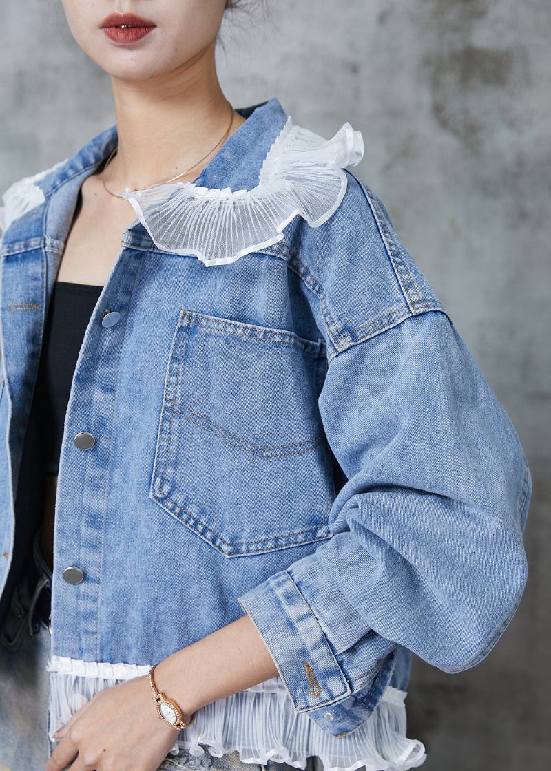 Blaue Patchwork-jeansjacke Mit Rüschen Für Damen Frühling - Damen-Wintermäntel